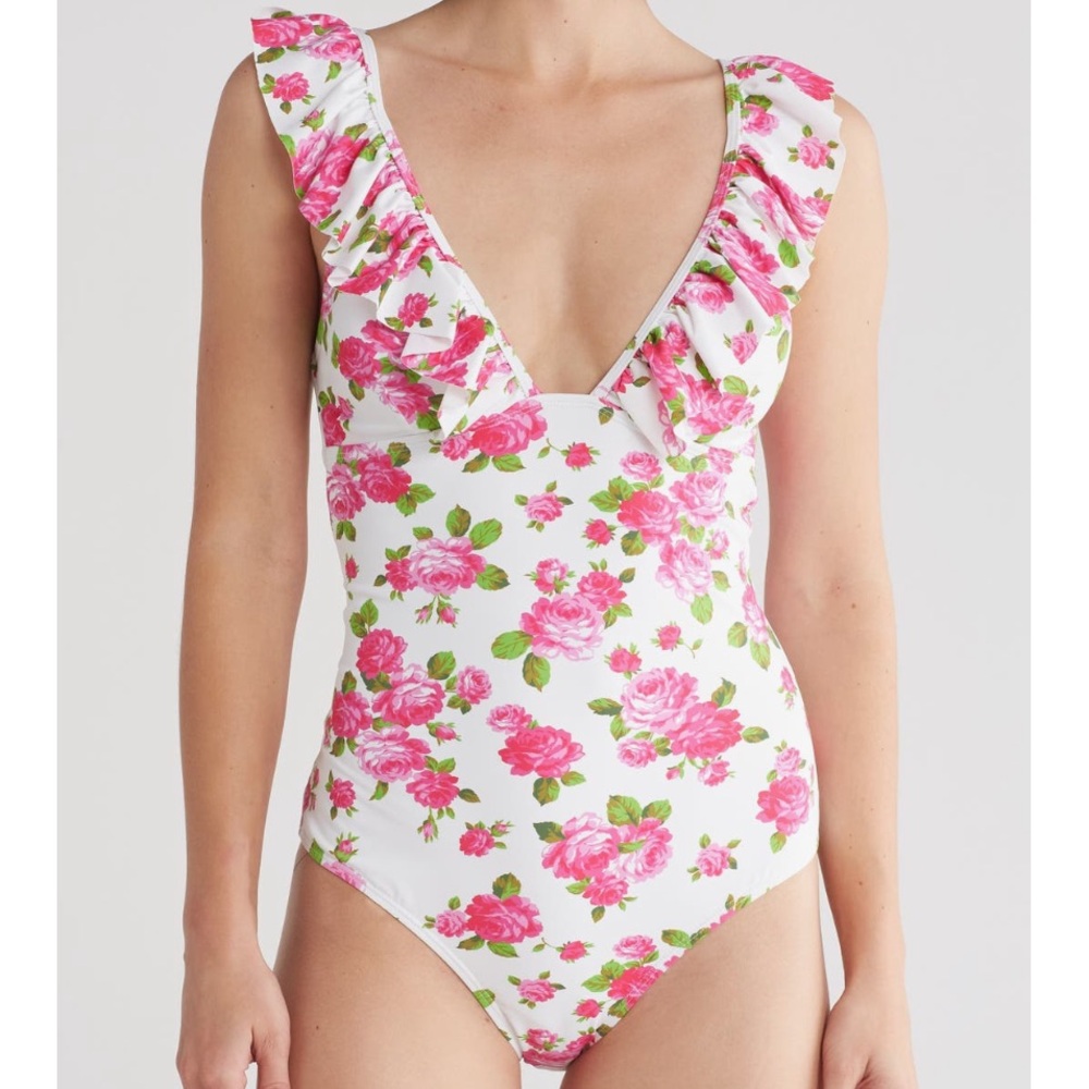 New Betsey Johnson Ruffle Floral Rose Print One Piece White Pink Swimsuit $128